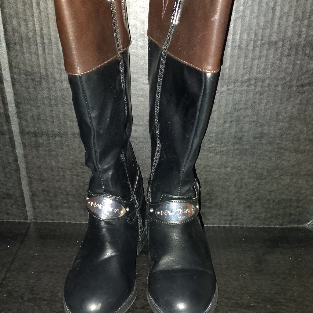 Nautica Black and Brown Equestrian Boots with Metallic Accent